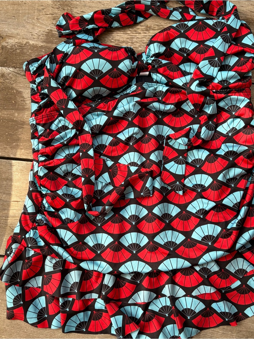 ModCloth Red & Light Blue Fan-Print One-Piece Swimsuit